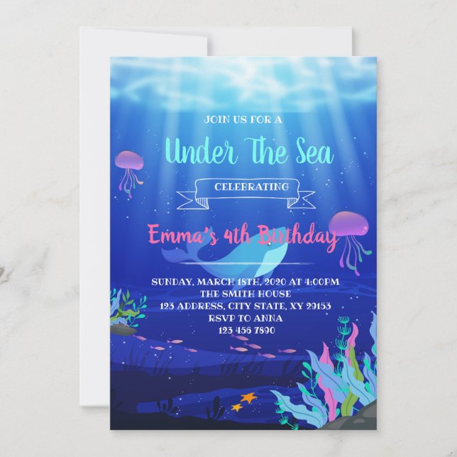 Colourful under the sea party invitation (Front)