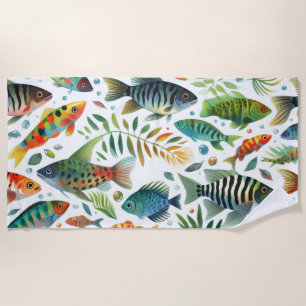 Colourful underwater fish art beach towel