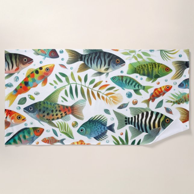 Colourful underwater fish art beach towel (Front)