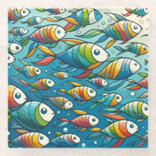 Colourful underwater fish art glass coaster