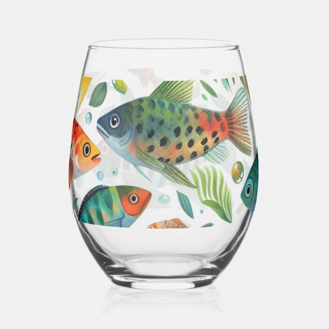 Colourful underwater fish art stemless wine glass (Front)