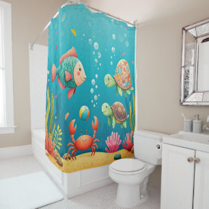 Colourful Underwater Fish Crab Turtle Seaweed Shower Curtain