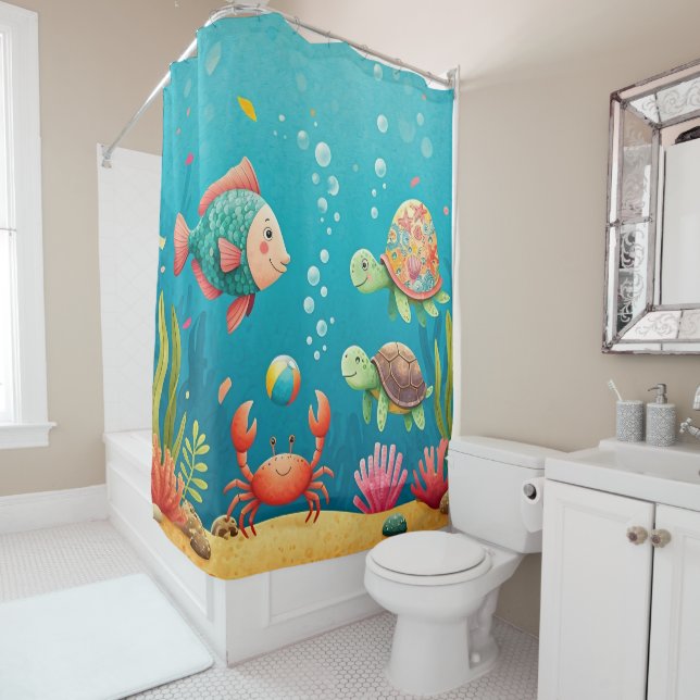 Colourful Underwater Fish Crab Turtle Seaweed Shower Curtain (In Situ)