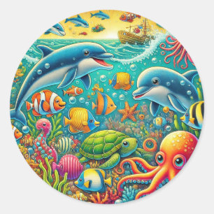 Colourful Underwater Marine Scene 🐚 Vibrant Ocean Classic Round Sticker
