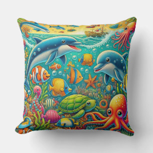 Colourful Underwater Scene Featuring Marine Life Cushion