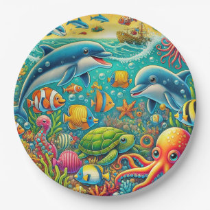 Colourful Underwater Scene Featuring Marine Life Paper Plate