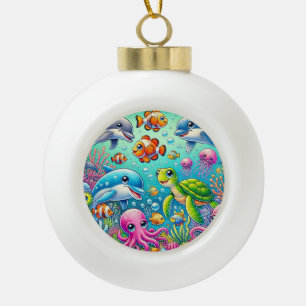 Colourful Underwater Scene Featuring Playful Sea Ceramic Ball Christmas Ornament