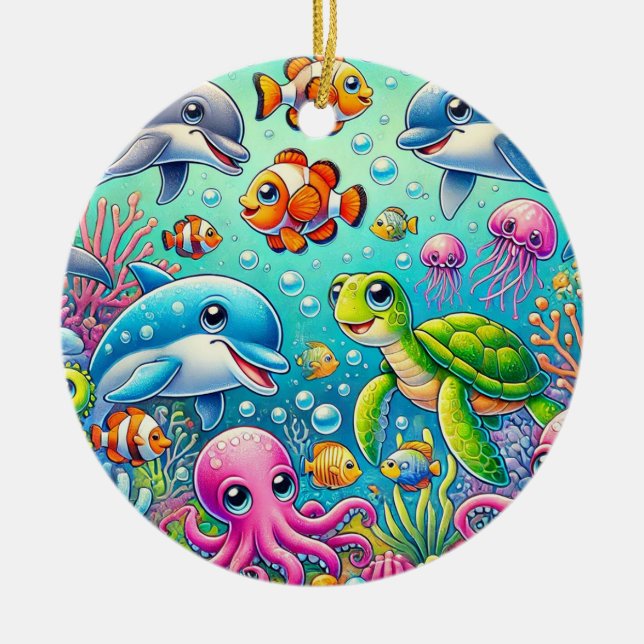Colourful Underwater Scene Featuring Playful Sea Ceramic Tree Decoration (Front)
