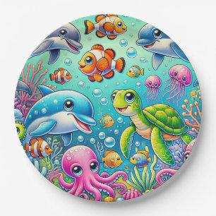 Colourful Underwater Scene Featuring Playful Sea Paper Plate