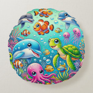 Colourful Underwater Scene Featuring Playful Sea Round Cushion