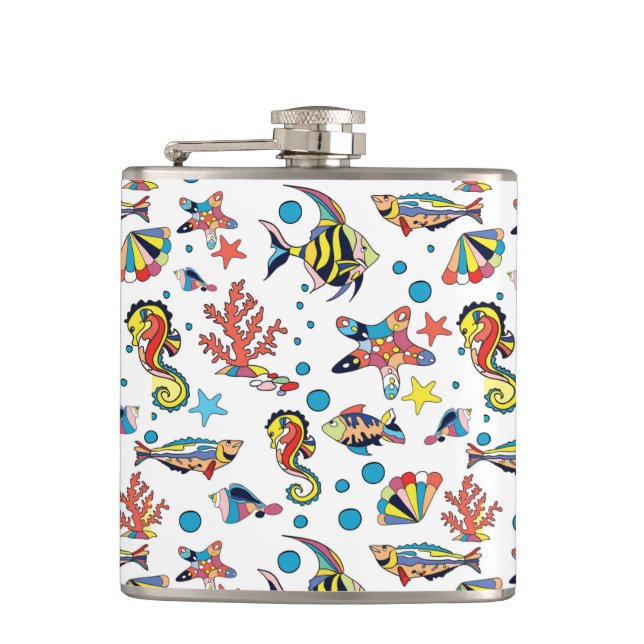 Colourful Underwater Sea Life Pattern Hip Flask (Front)