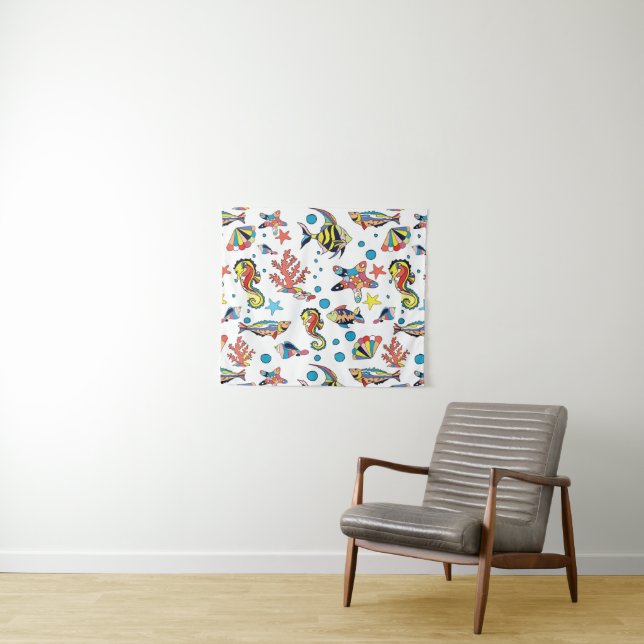 Colourful Underwater Sea Life Pattern Tapestry (In Situ (Horizontal))