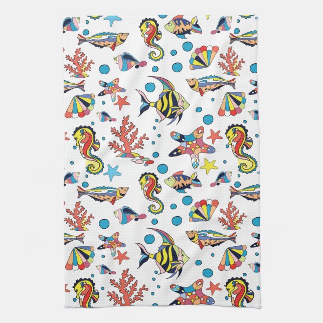 Colourful Underwater Sea Life Pattern Tea Towel (Vertical)