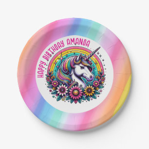 Colourful Unicorn and Rainbow Personalised Birthda Paper Plate
