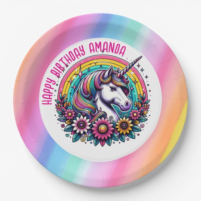 Colourful Unicorn and Rainbow Personalised Birthda Paper Plate (Front)