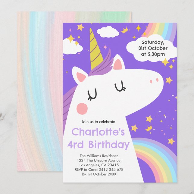 Colourful Unicorn and Rainbows Birthday Party  Invitation (Front/Back)