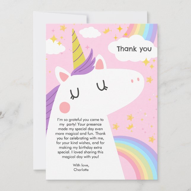 Colourful Unicorn and Rainbows Birthday Party  Thank You Card (Front)
