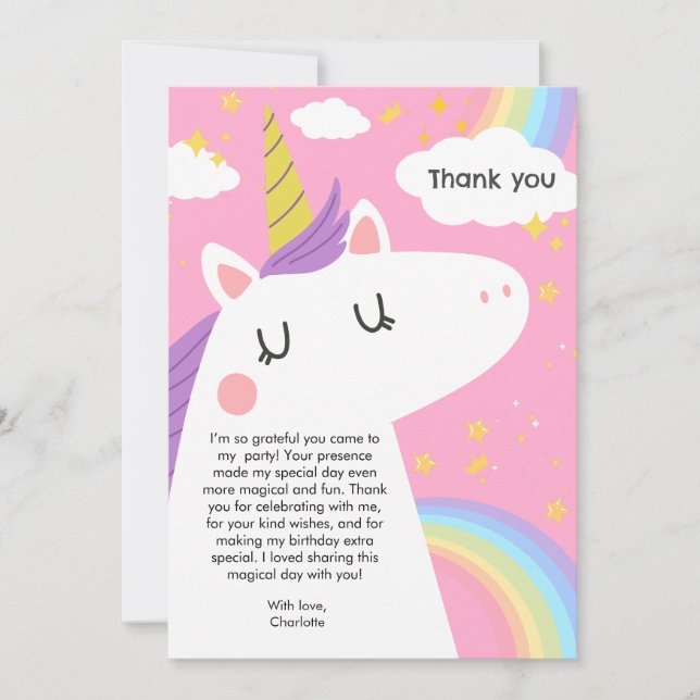 Colourful Unicorn and Rainbows Birthday Party  Thank You Card (Front)