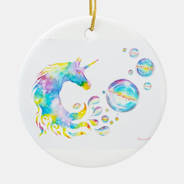 Colourful unicorn and spheres ceramic tree decoration (Front)