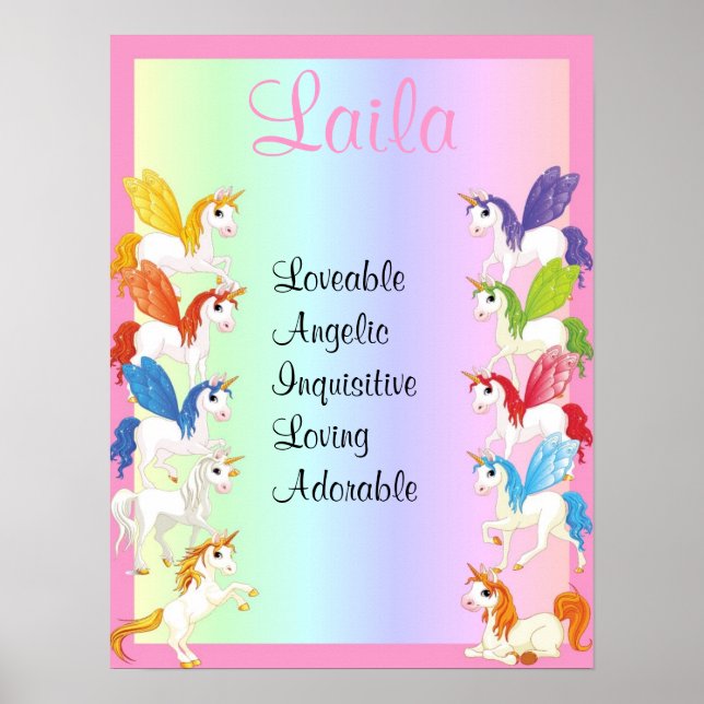 Colourful Unicorn Any Name Art Print Poster (Front)