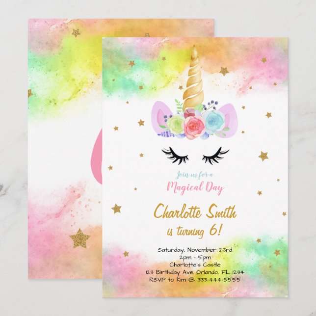 Colourful Unicorn Birthday Invitation (Front/Back)