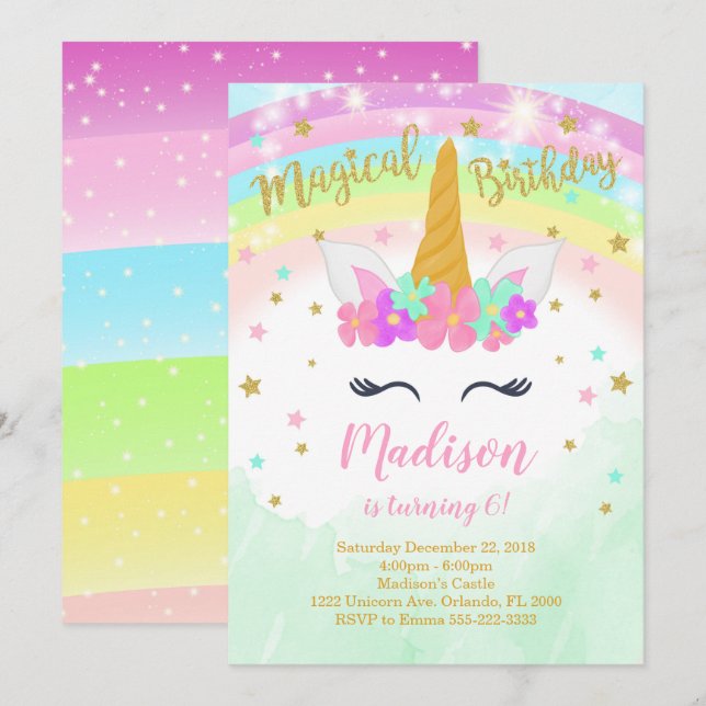 Colourful Unicorn Birthday Invitation (Front/Back)