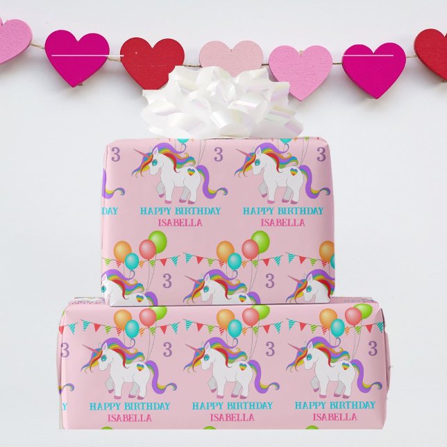 Colourful Unicorn Birthday Personalise Name & Age Wrapping Paper (Creator Uploaded)