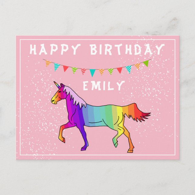Colourful Unicorn Bunting Flag Pink Happy Birthday Postcard (Front)