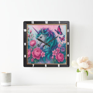 Colourful Unicorn Butterfly Floral  Square Wall Clock