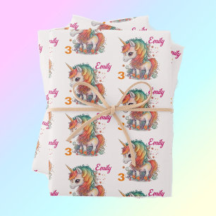 Colourful Unicorn Child's Name & Age Personalise 3 Wrapping Paper Sheet