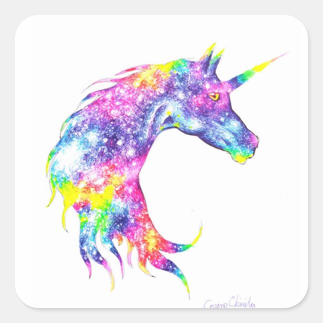 Colourful unicorn head square sticker (Front)