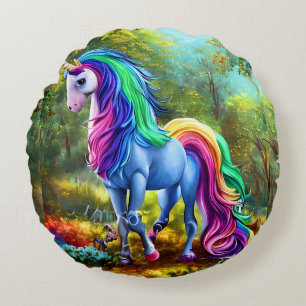 Colourful Unicorn Horse in The Forest-46567 Round Cushion