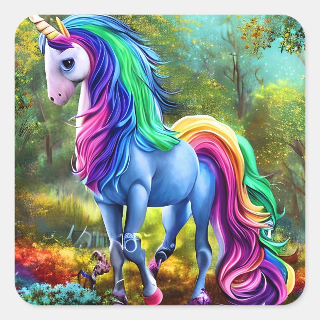 Colourful Unicorn Horse in The Forest-46567 Square Sticker (Front)