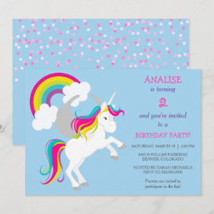 Colourful Unicorn Kids Birthday Party Invitation