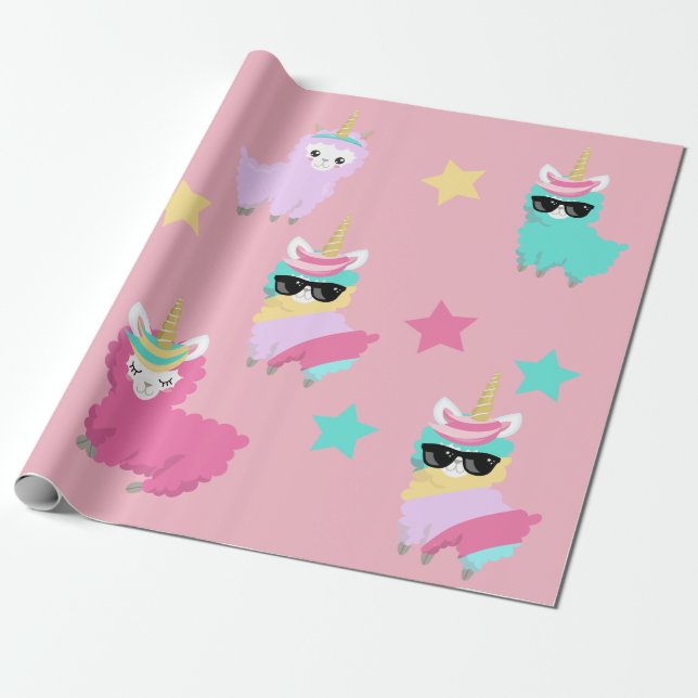 Colourful Unicorn Llama Llamacorn Cute Wrapping Paper (Unrolled)