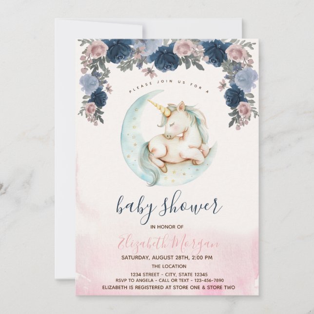 Colourful Unicorn Moon Flowers Baby Shower  Invitation (Front)