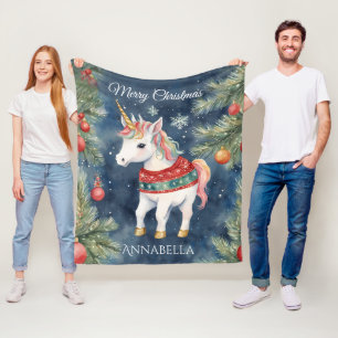 Colourful Unicorn Personalised Christmas  Fleece Blanket