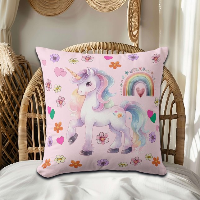 Colourful Unicorn Rainbow and Flowers   Cushion (Creator Uploaded)