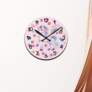 Colourful Unicorn Rainbow and Flowers Nursery Round Clock