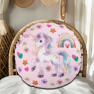 Colourful Unicorn Rainbow and Flowers Round Cushion