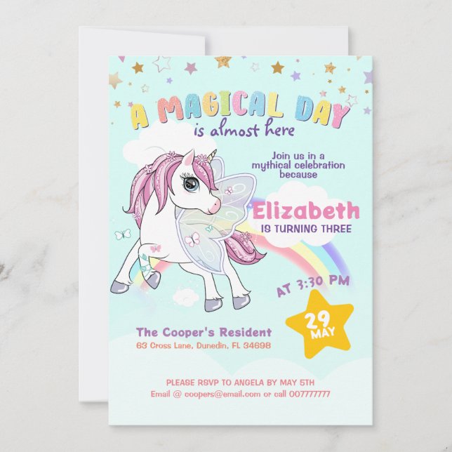 Colourful Unicorn Rainbow Cute Magical Pink Invitation (Front)
