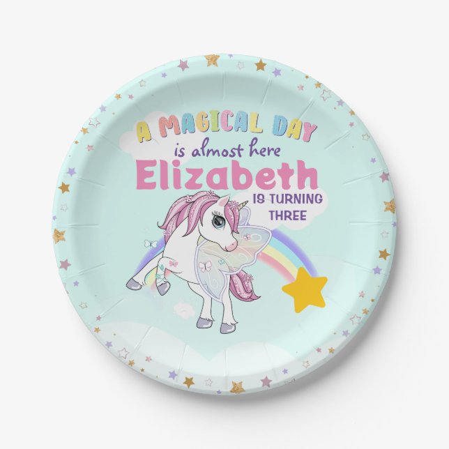 Colourful Unicorn Rainbow Cute Magical Pink Paper Plate (Front)