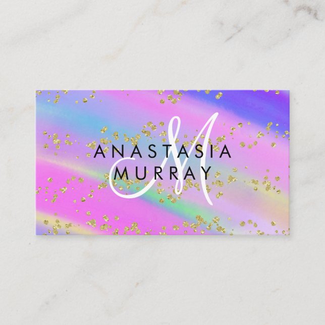 Colourful Unicorn Rainbow Gold Glitter Monogram Business Card (Front)