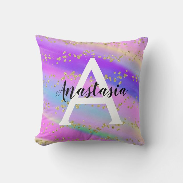 Colourful Unicorn Rainbow Gold Glitter Monogram Cushion (Front)