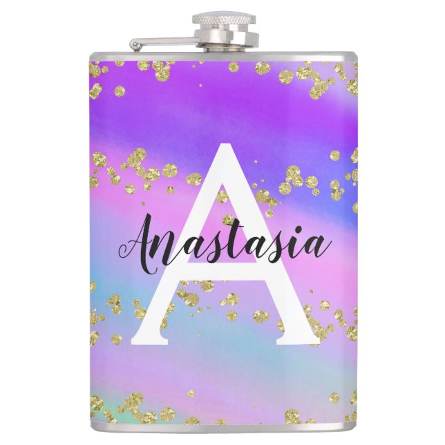 Colourful Unicorn Rainbow Gold Glitter Monogram Hip Flask (Front)
