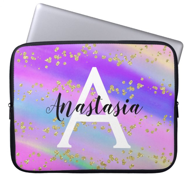 Colourful Unicorn Rainbow Gold Glitter Monogram Laptop Sleeve (Front)