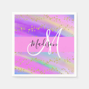 Colourful Unicorn Rainbow Gold Glitter Monogram Napkin