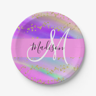 Colourful Unicorn Rainbow Gold Glitter Monogram Paper Plate
