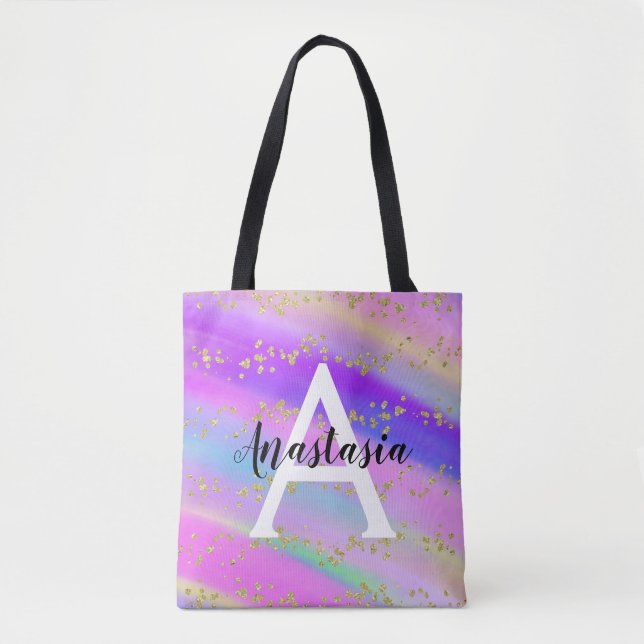 Colourful Unicorn Rainbow Gold Glitter Monogram Tote Bag (Front)