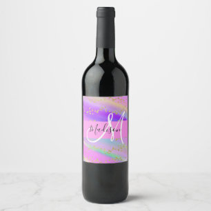 Colourful Unicorn Rainbow Gold Glitter Monogram Wine Label